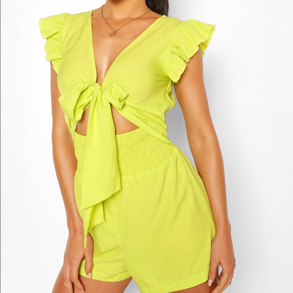 NWT BOOHOO Tie Front Beach Playsuit Romper in Lime